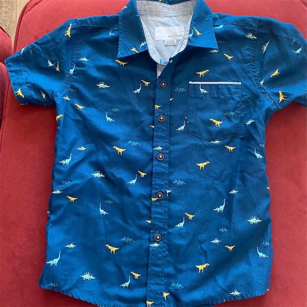 Craft + Flow Boys Dinosaur Print Button-Up Shirt Blue Size 5